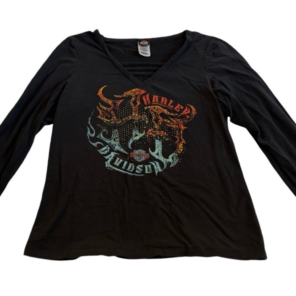 Harley-Davidson Womens XXL Black Long Sleeve Rhinestone V-Neck Graphic Tee Shirt